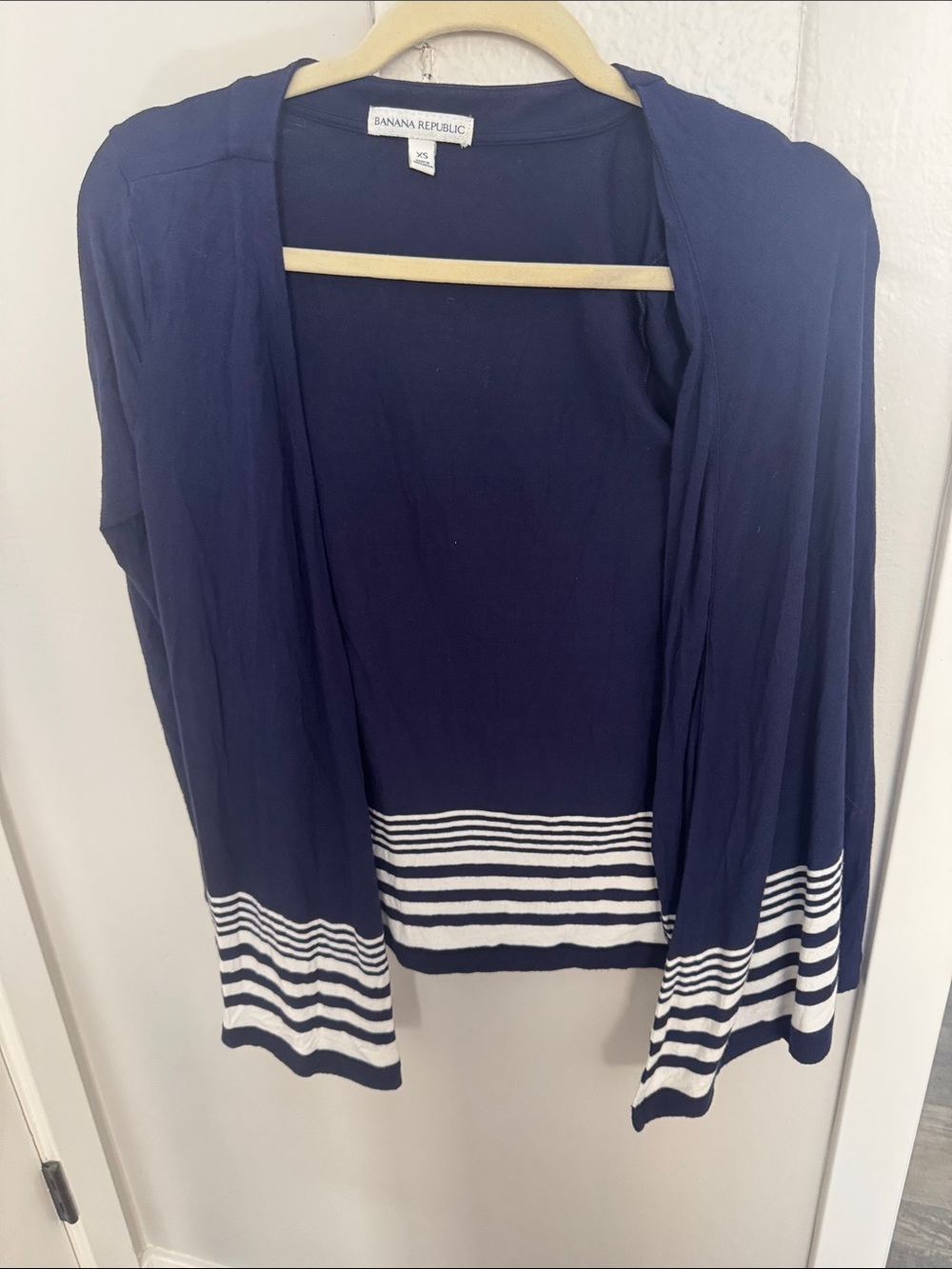 Banana Republic Navy Light Weight Open-Front Cardigan with White Stripe Detail